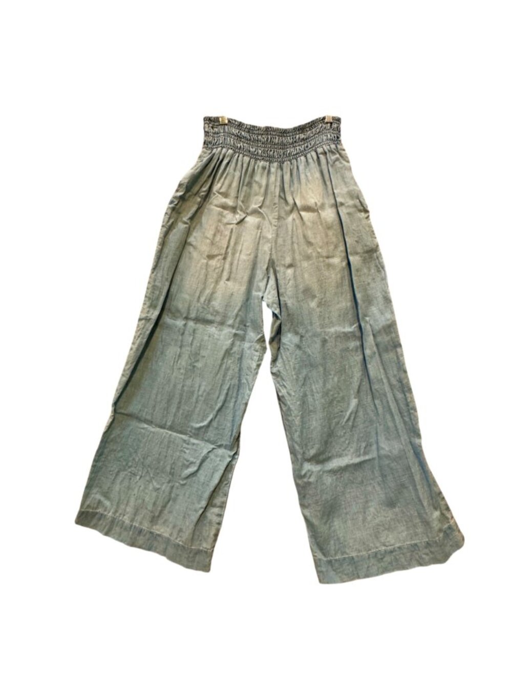 Wide-Leg Linen Women's Pants M Smocked Waist Pull-On Boho Lightly Faded Blue - Picture 3 of 12